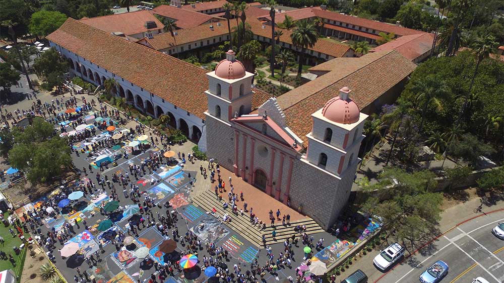Santa Barbara Mission photo drone view from above